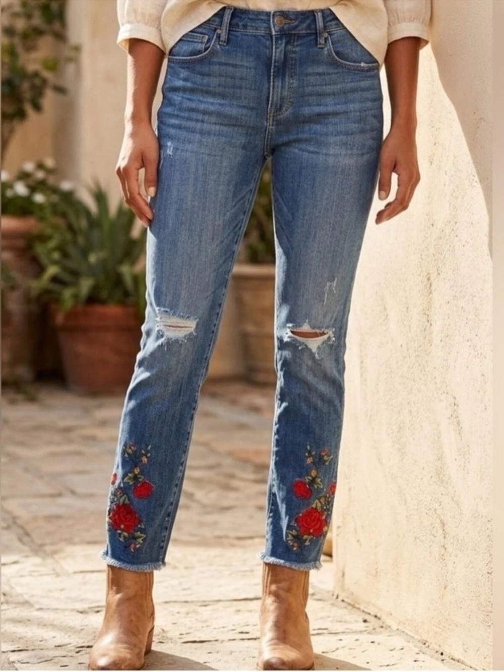 Driftwood “Jackie” Embroidered Ankle Jeans